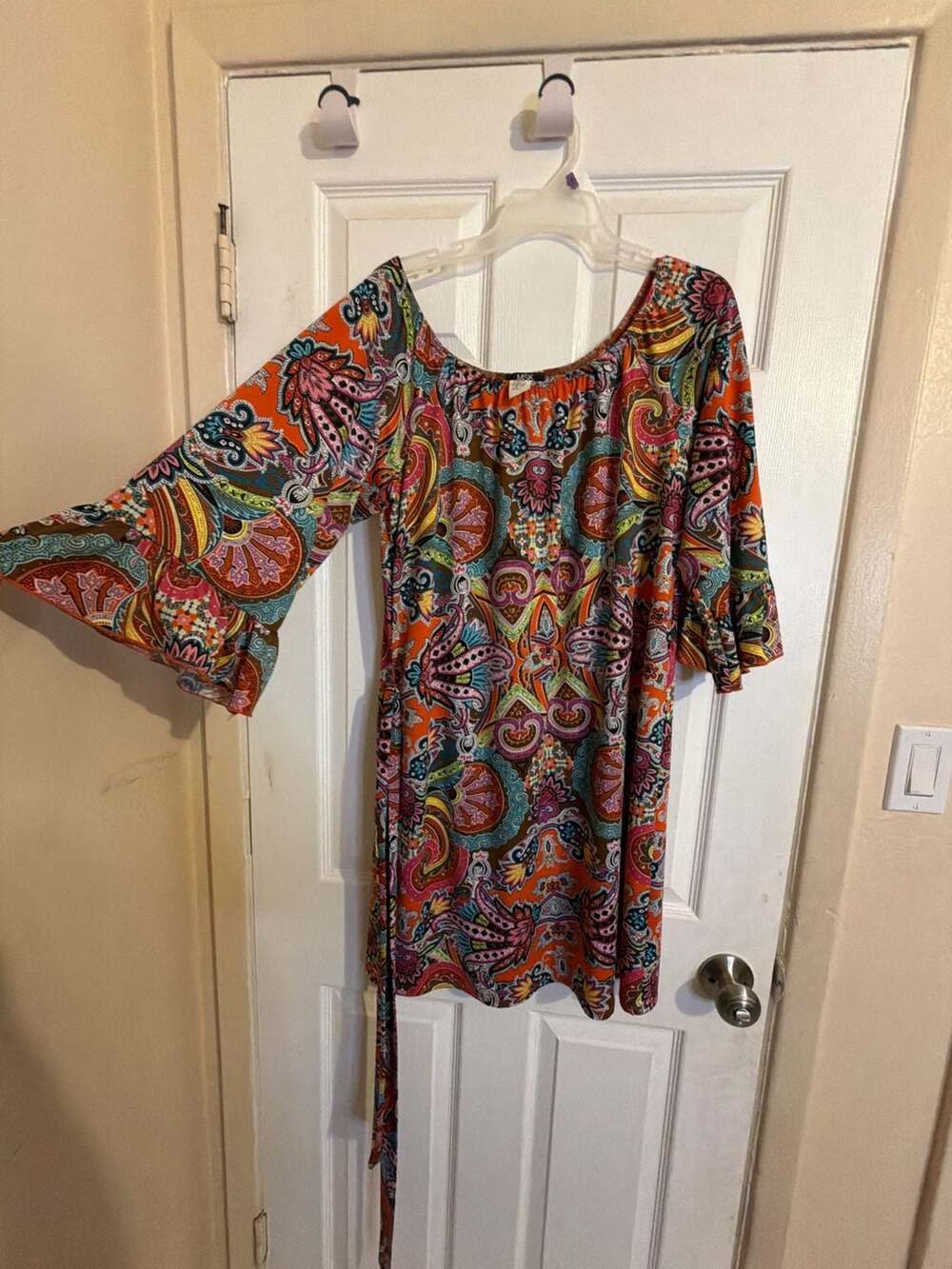 MSK Paisley Shift Dress Bell Sleeves Colorful Elastic Neckline Tie Belt Size S